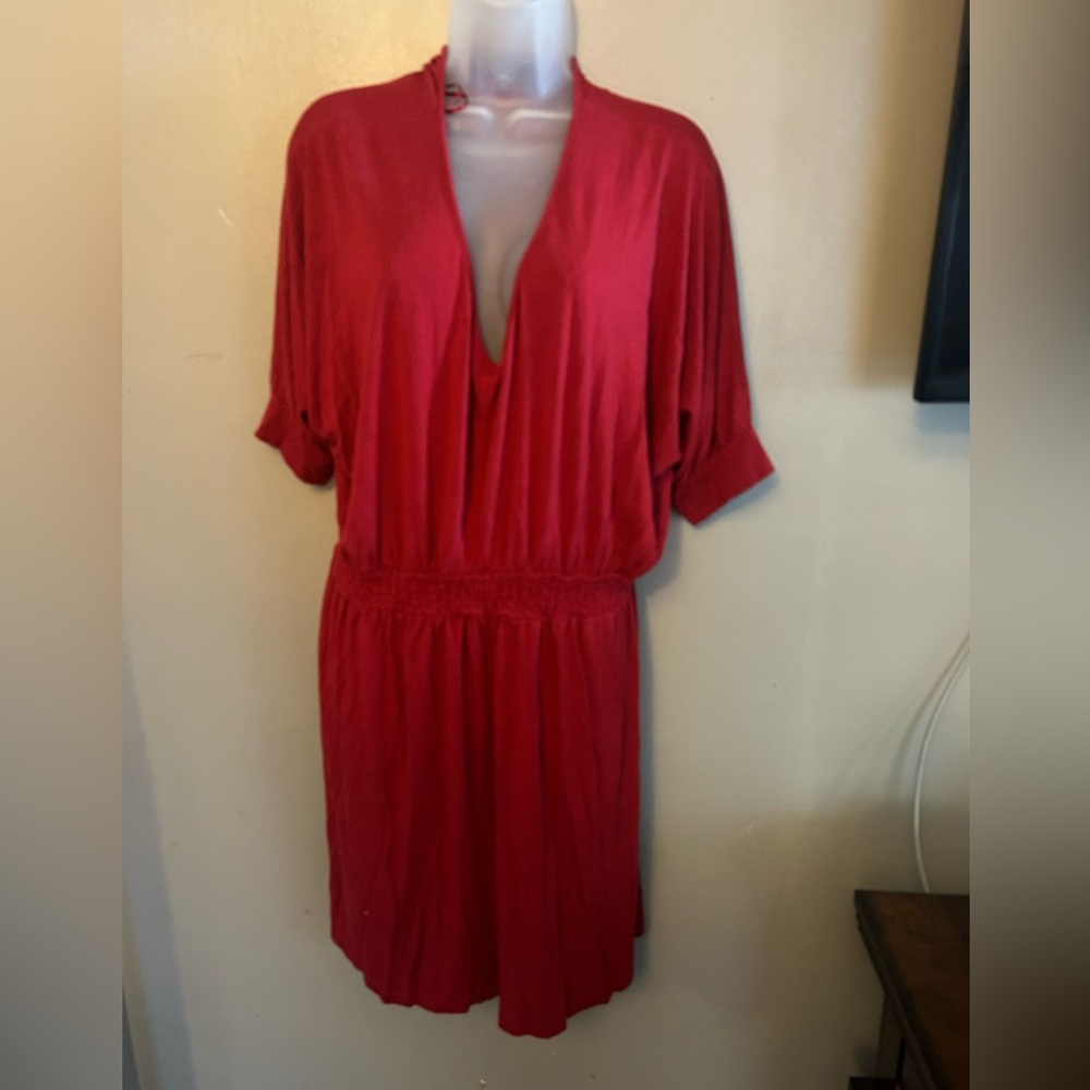 The Limited Dress - red v-neck short dolman sleeve smocked waist